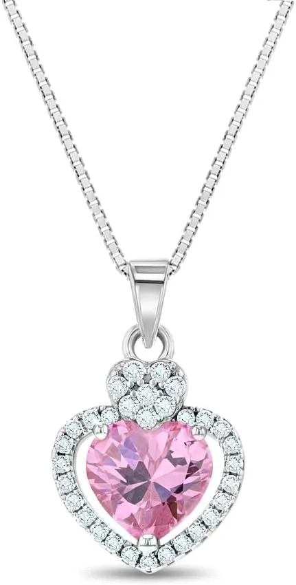 925 Sterling Silver Pink & Clear Cubic Zirconia Heart Pendant Necklace for Little Girls - Princess Heart Jewel Pendant Necklaces for Children & Preteens - Stylish & Elegant CZ Jewelry for Girls