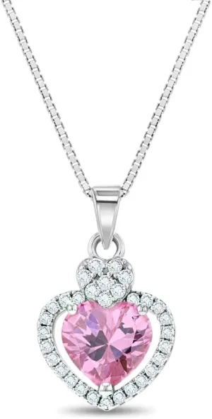 925 Sterling Silver Pink & Clear Cubic Zirconia Heart Pendant Necklace for Little Girls - Princess Heart Jewel Pendant Necklaces for Children & Preteens - Stylish & Elegant CZ Jewelry for Girls
