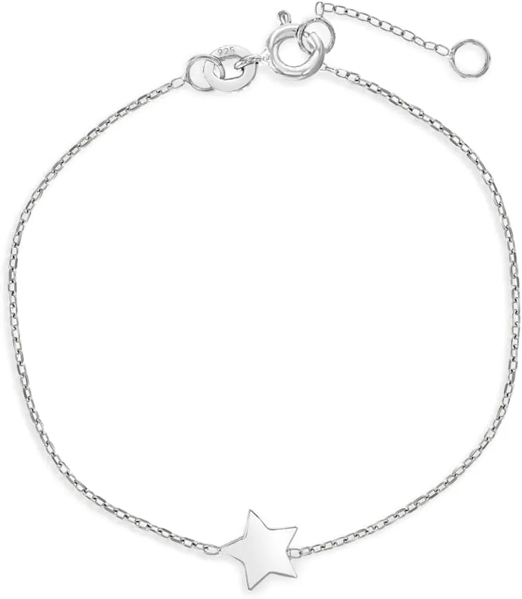 925 Sterling Silver Polished Single Star Delicate Link Chain Bracelet For Little Girls & Preteens 6"-7" - Celestial Night Sky Star Bracelet For Little Girls - Thin Layering Bracelets For A Preteen