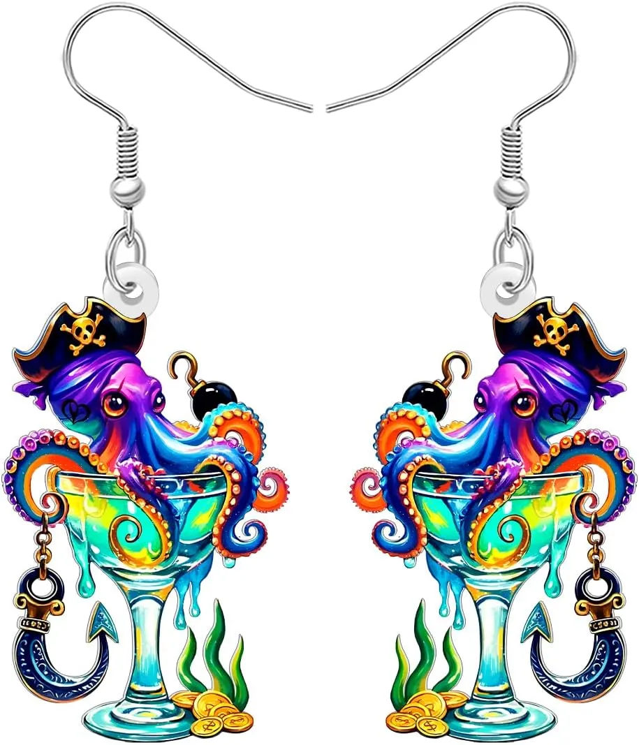 Acrylic Funny Pirate Octopus Earrings Cute Sea Animals with Goblet Glass Dangle Earrings Jewelry Accessories Octopus Gifts for Women Beach Lovers Vacation Charms