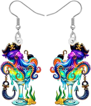 Acrylic Funny Pirate Octopus Earrings Cute Sea Animals with Goblet Glass Dangle Earrings Jewelry Accessories Octopus Gifts for Women Beach Lovers Vacation Charms