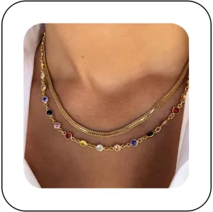 Andelaisi Boho Colorful Rhinestone Necklace Choker Layered Rainbow Crystal Necklace Chain Multi Color Necklaces Gold Snake Chain Necklace Jewelry for Women