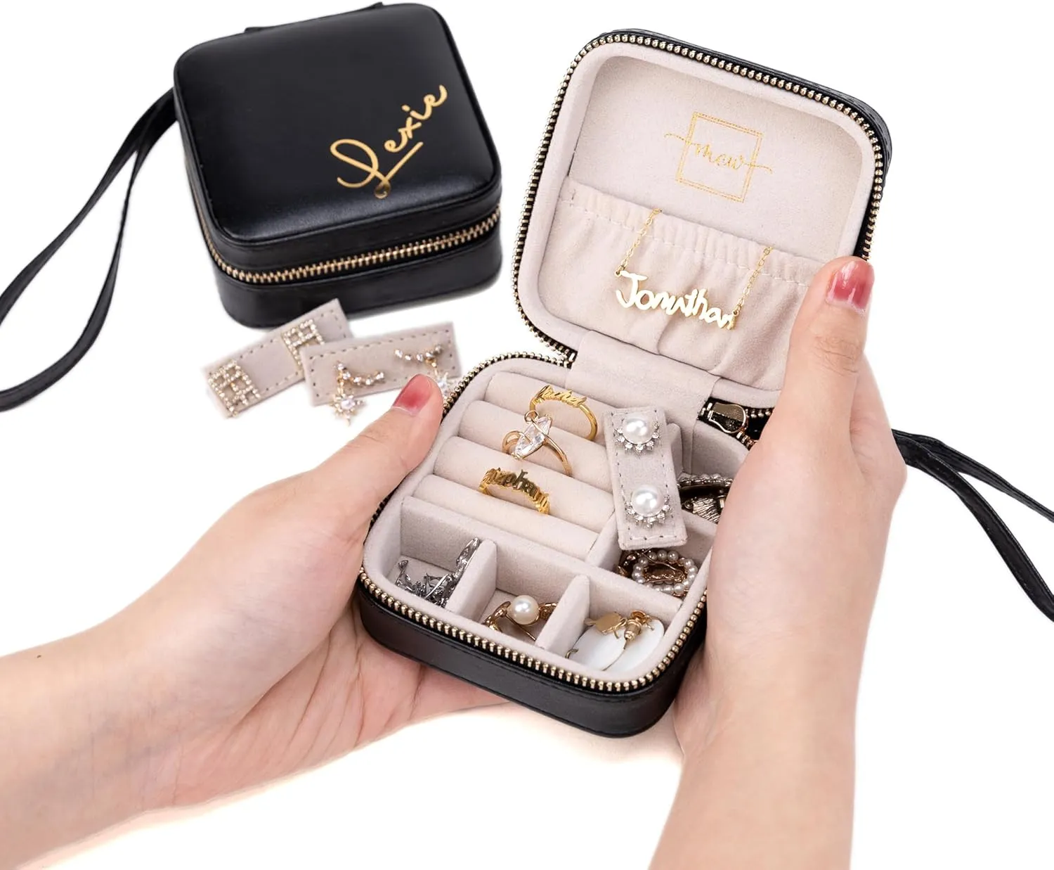Angelina's Palace Personalized Jewelry Case with Name Engraved,Custom Leather Travel Jewelry Organizer Box for Rings,Earrings,Necklaces,Birthday Bridesmaid Gift For Women Girls