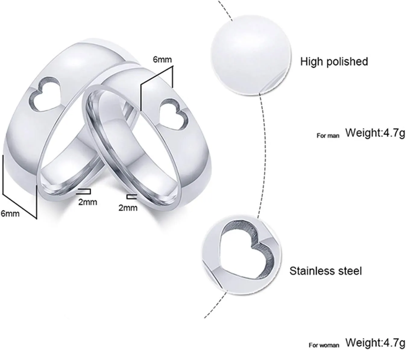 Anniversary Band, 6MM Stainless Steel Couple Ring Silver Hollow Heart Polished Jewelry Wedding Rings