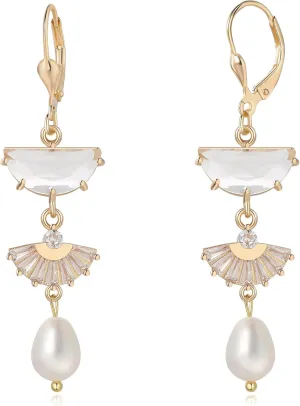 Art Deco Leverback Dangle Drop Earrings - 14k Gold 1920s Classic Elegant Vintage Flapper Gatsby Pearl Chandelier Design for Bridal,Wedding,Prom,Formal Wear