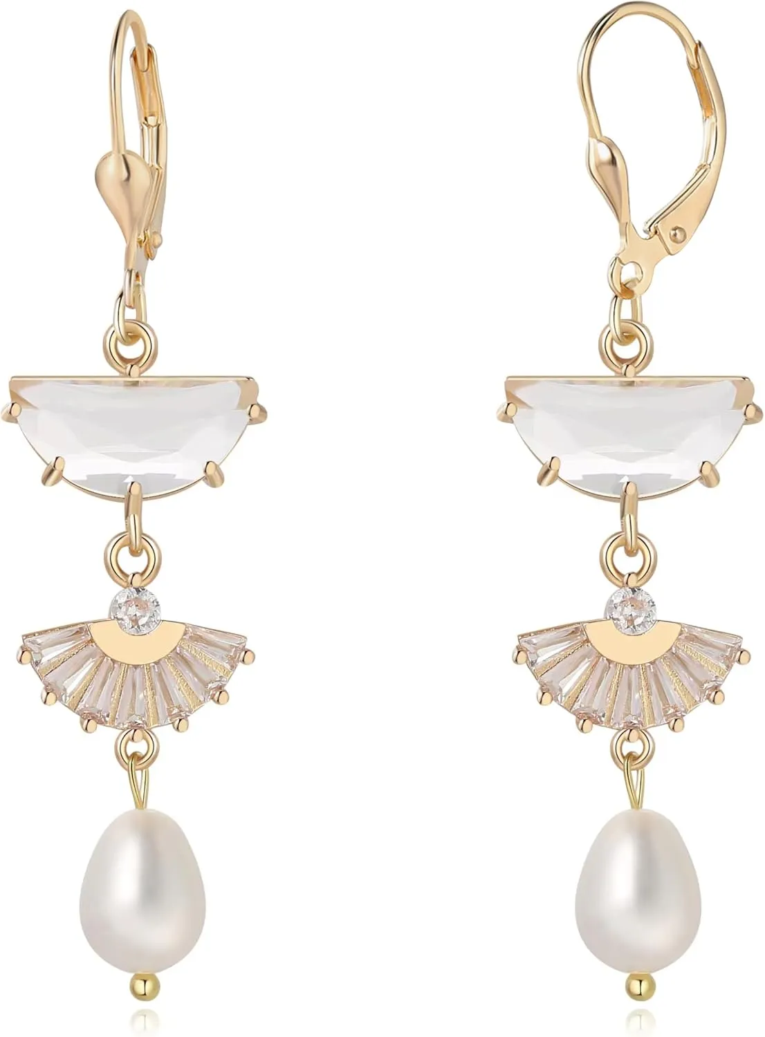 Art Deco Leverback Dangle Drop Earrings - 14k Gold 1920s Classic Elegant Vintage Flapper Gatsby Pearl Chandelier Design for Bridal,Wedding,Prom,Formal Wear