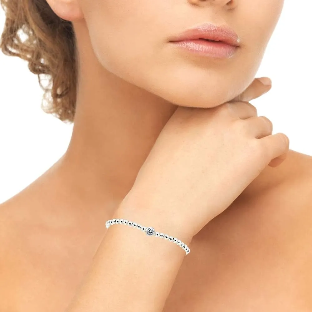 B. BRILLIANT Sterling Silver Polished Beads & Crystal Stretch Stackable Bracelet for Women