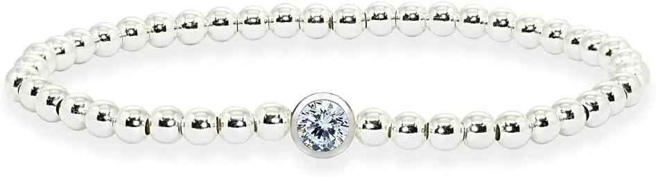 B. BRILLIANT Sterling Silver Polished Beads & Crystal Stretch Stackable Bracelet for Women