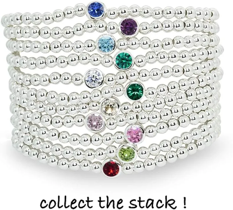 B. BRILLIANT Sterling Silver Polished Beads & Crystal Stretch Stackable Bracelet for Women