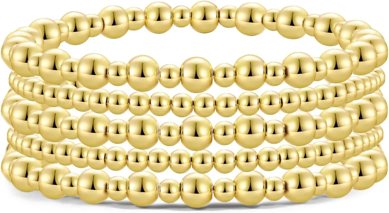 Badu Gold Plate Bead Bracelet for Women 14K Gold Plated Bead Ball Bracelet Stretchable Elastic Hypoallergenic Bohemian Stackable Bracelet