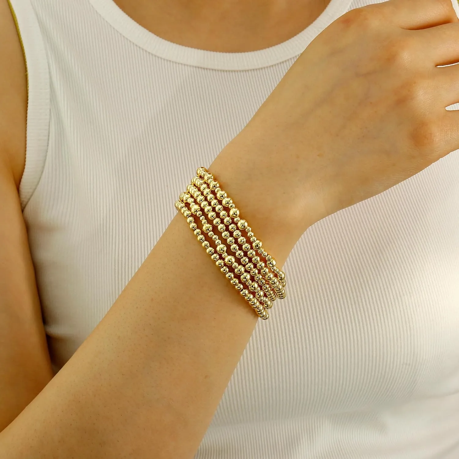 Badu Gold Plate Bead Bracelet for Women 14K Gold Plated Bead Ball Bracelet Stretchable Elastic Hypoallergenic Bohemian Stackable Bracelet