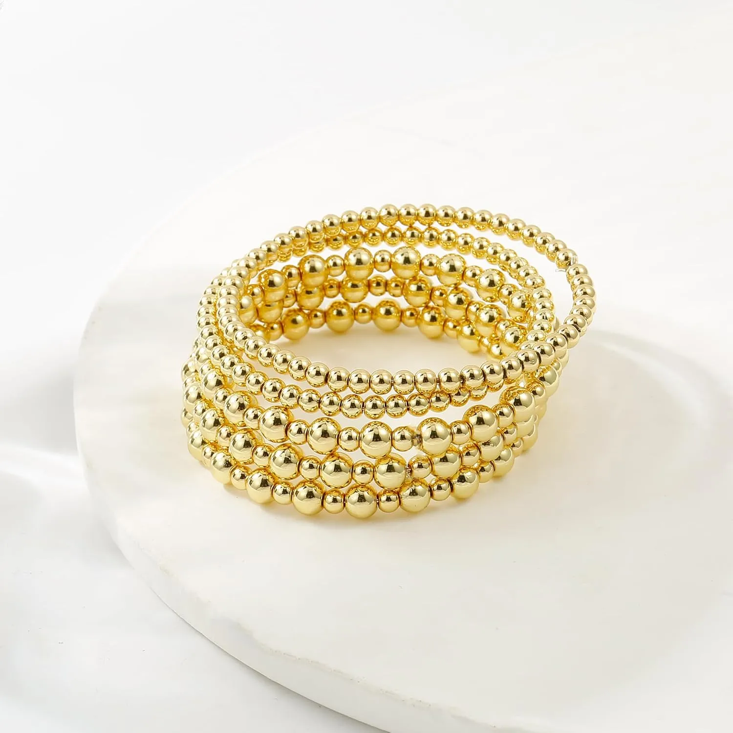 Badu Gold Plate Bead Bracelet for Women 14K Gold Plated Bead Ball Bracelet Stretchable Elastic Hypoallergenic Bohemian Stackable Bracelet