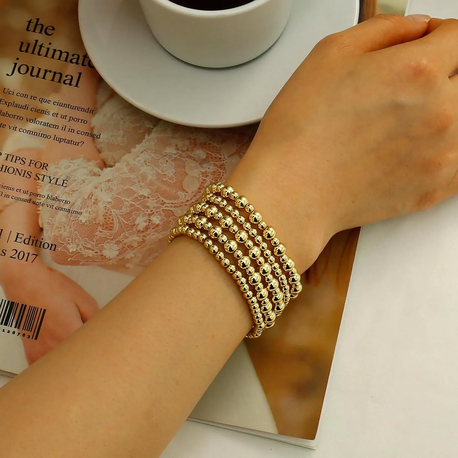 Badu Gold Plate Bead Bracelet for Women 14K Gold Plated Bead Ball Bracelet Stretchable Elastic Hypoallergenic Bohemian Stackable Bracelet