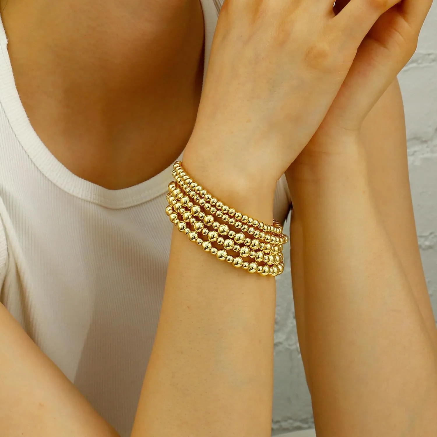 Badu Gold Plate Bead Bracelet for Women 14K Gold Plated Bead Ball Bracelet Stretchable Elastic Hypoallergenic Bohemian Stackable Bracelet