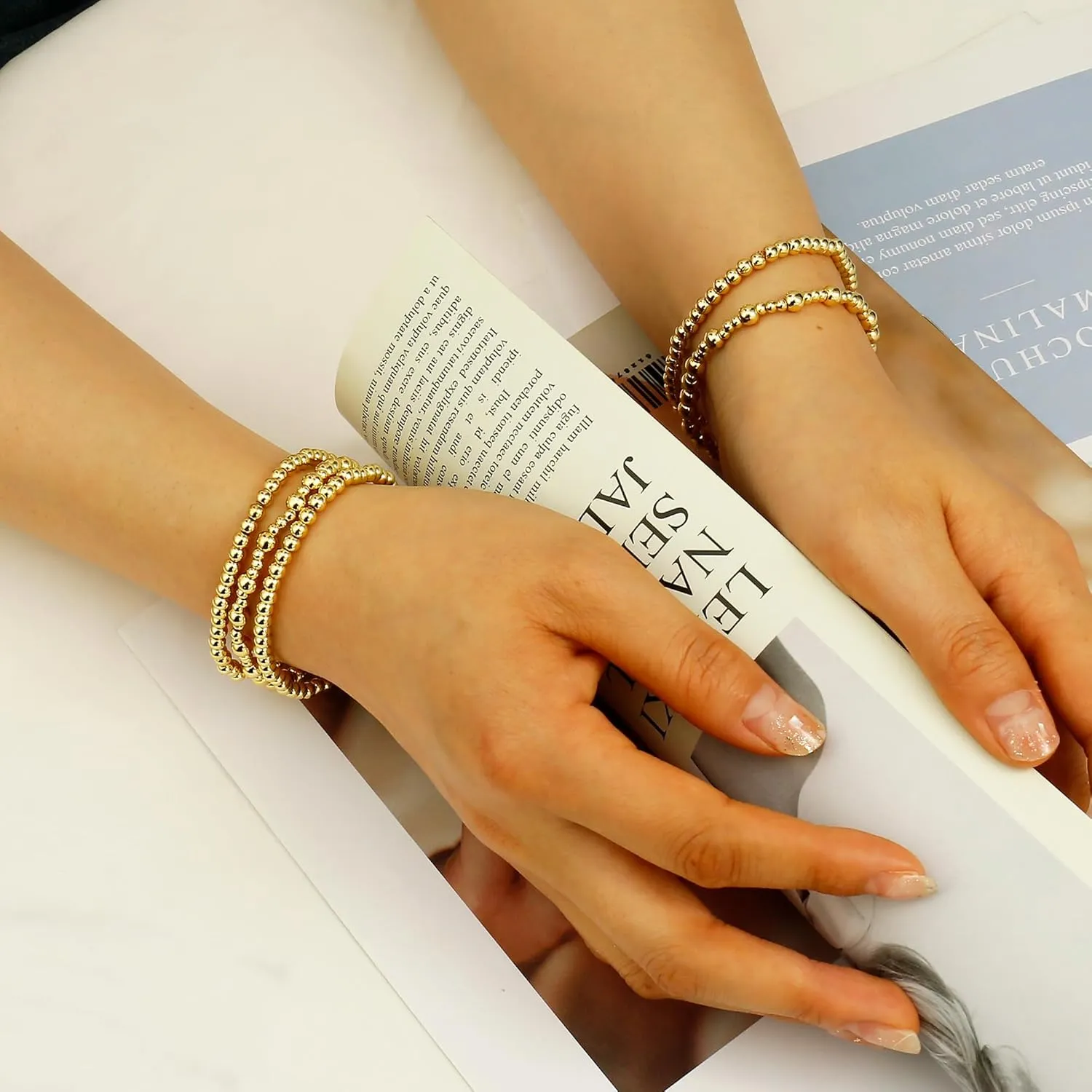 Badu Gold Plate Bead Bracelet for Women 14K Gold Plated Bead Ball Bracelet Stretchable Elastic Hypoallergenic Bohemian Stackable Bracelet