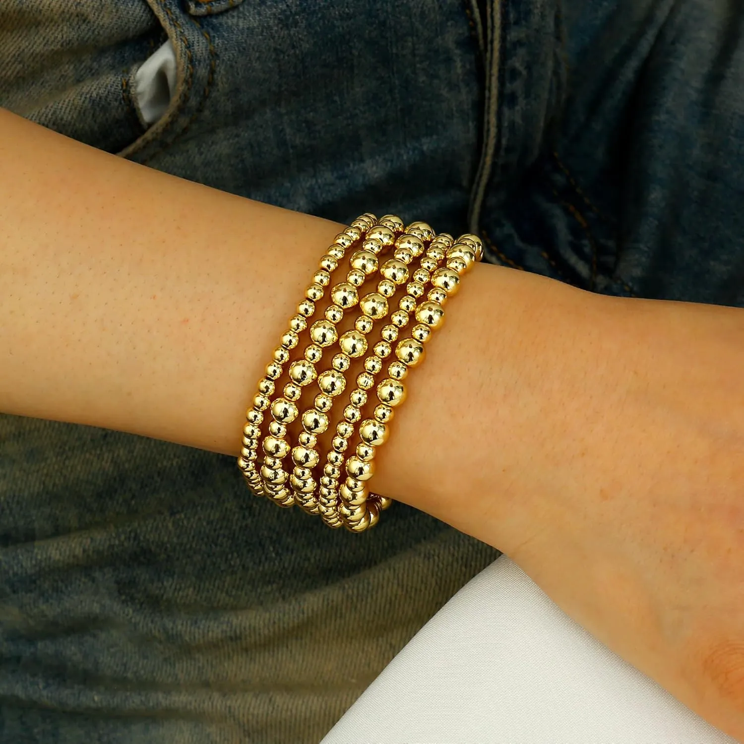 Badu Gold Plate Bead Bracelet for Women 14K Gold Plated Bead Ball Bracelet Stretchable Elastic Hypoallergenic Bohemian Stackable Bracelet