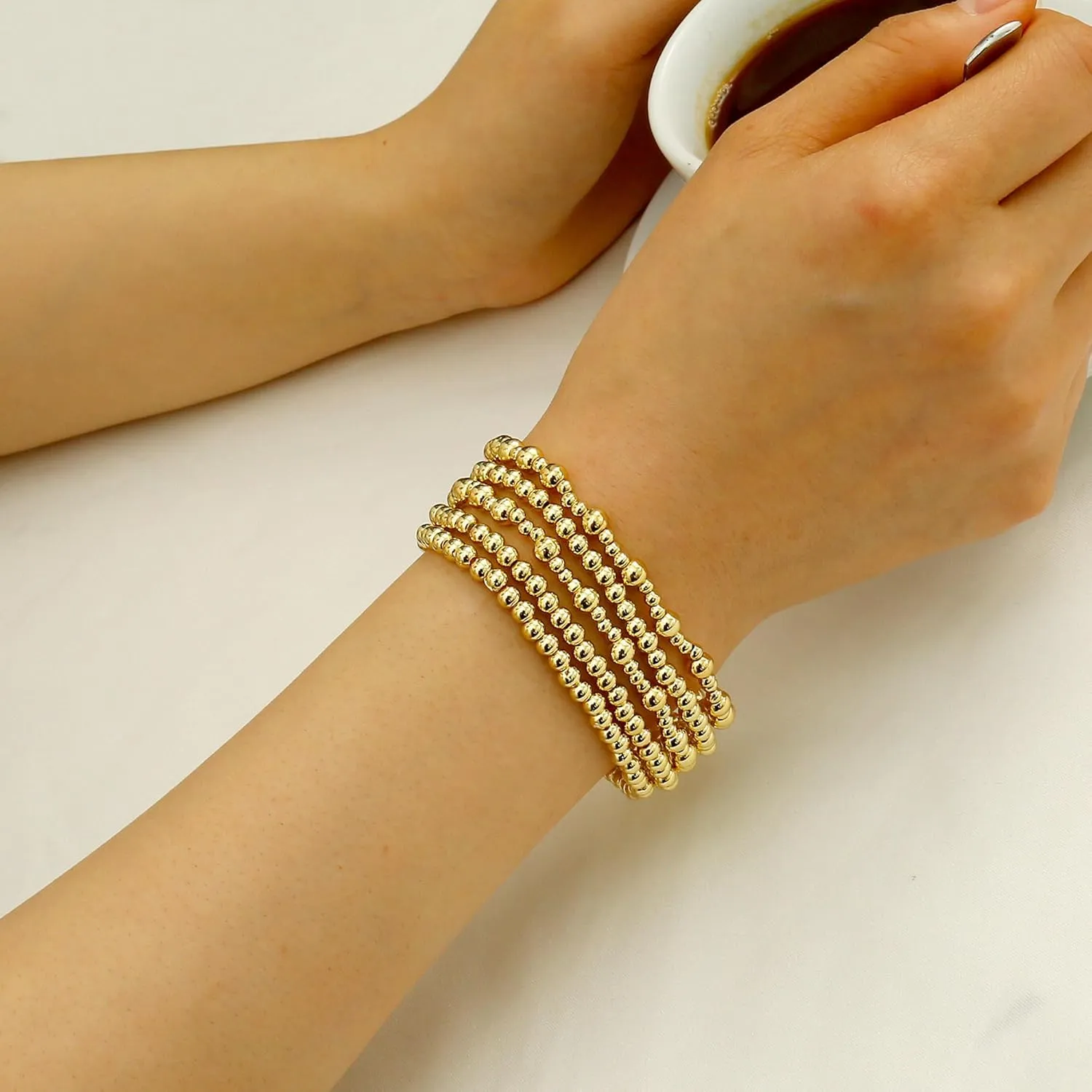 Badu Gold Plate Bead Bracelet for Women 14K Gold Plated Bead Ball Bracelet Stretchable Elastic Hypoallergenic Bohemian Stackable Bracelet