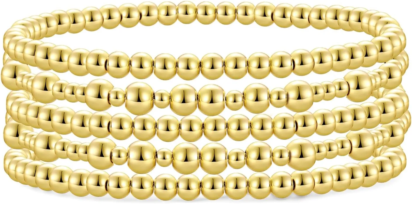 Badu Gold Plate Bead Bracelet for Women 14K Gold Plated Bead Ball Bracelet Stretchable Elastic Hypoallergenic Bohemian Stackable Bracelet