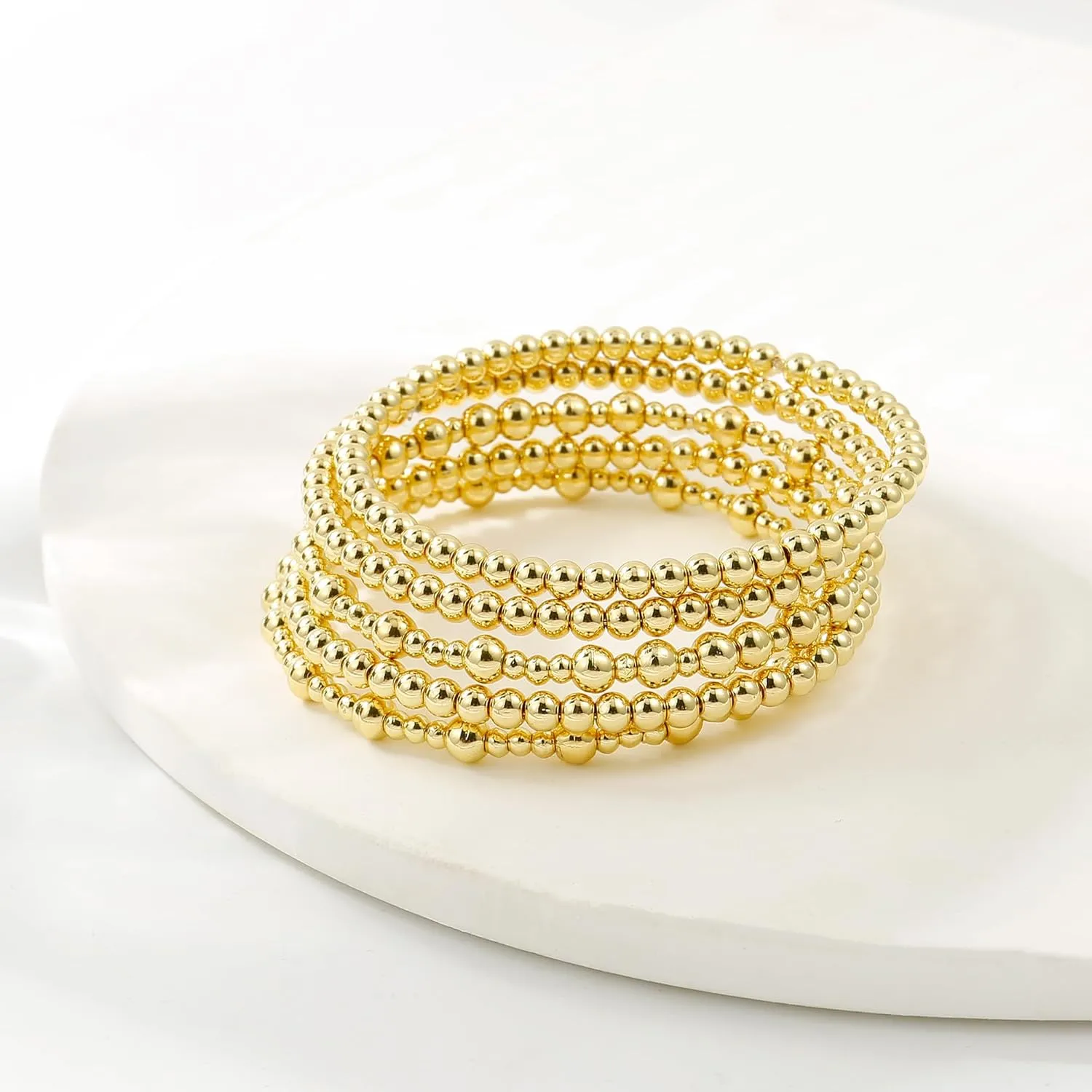 Badu Gold Plate Bead Bracelet for Women 14K Gold Plated Bead Ball Bracelet Stretchable Elastic Hypoallergenic Bohemian Stackable Bracelet