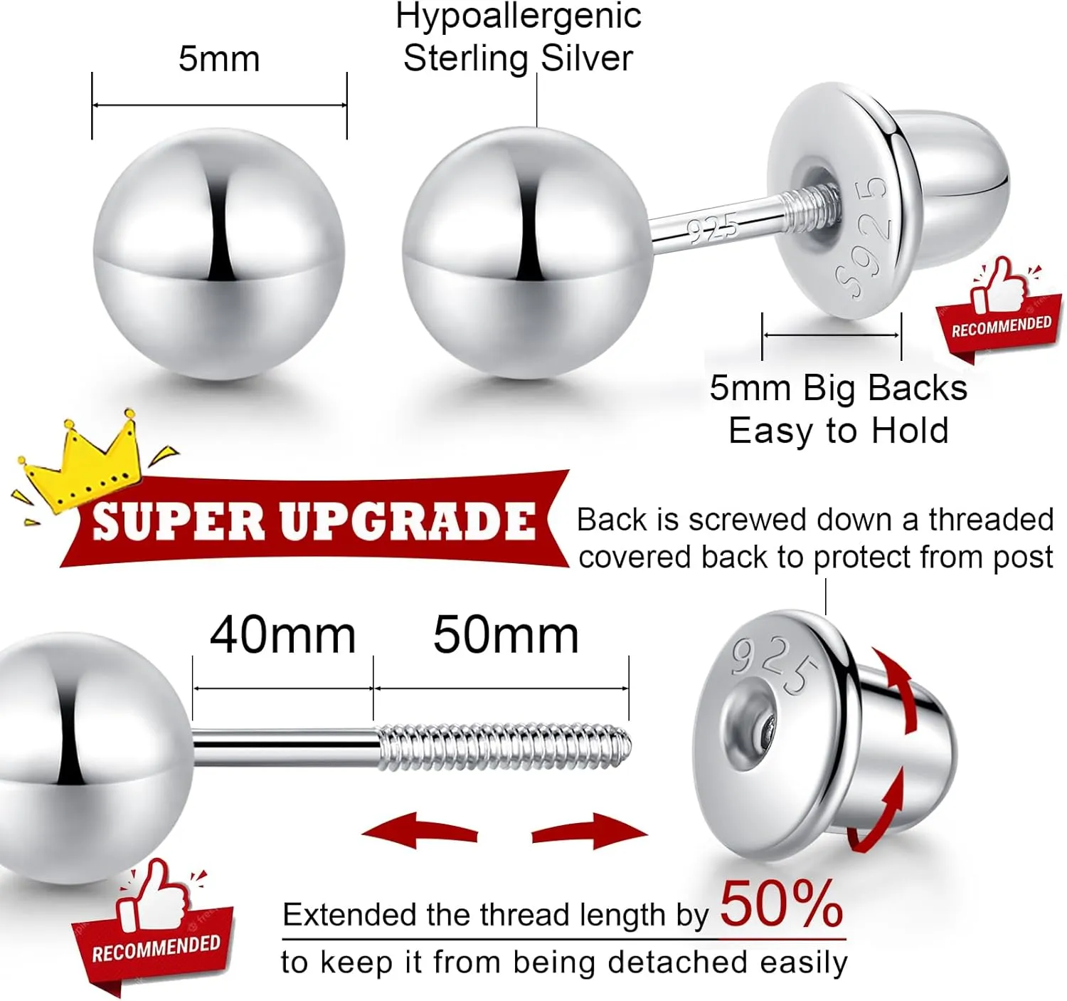 Ball Screw Back Earrings for Women 925 Sterling Silver Hypoallergenic Available in 3mm-5mm Classic Round Ball Studs