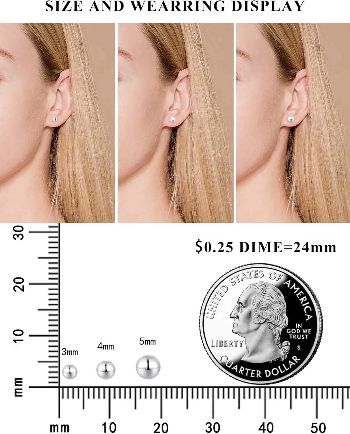 Ball Screw Back Earrings for Women 925 Sterling Silver Hypoallergenic Available in 3mm-5mm Classic Round Ball Studs