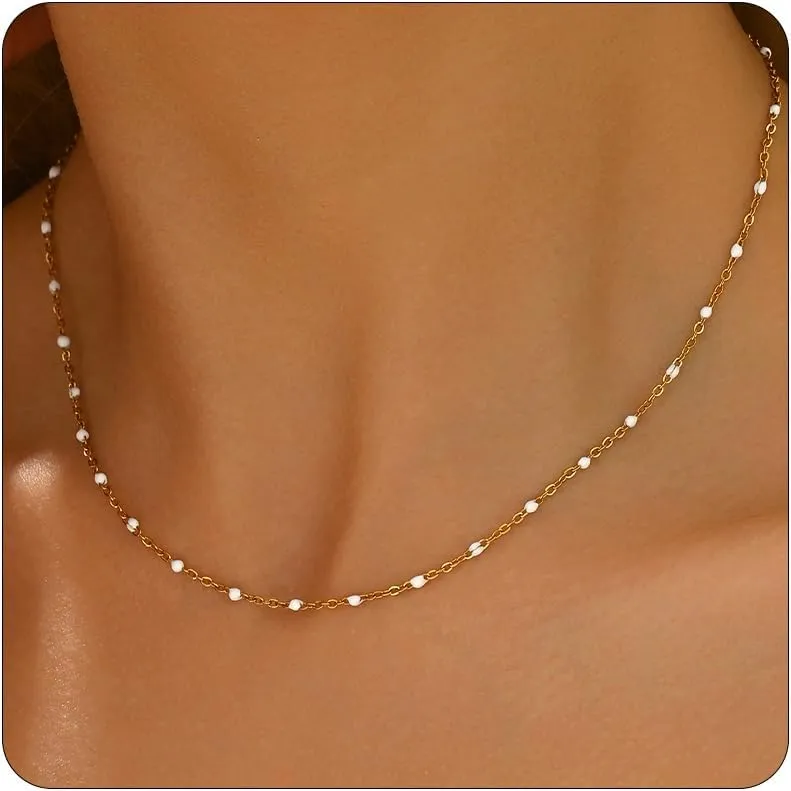 Beaded Necklaces for Women 18K Gold Plated Colorful Green White Beads Choker Necklace Dainty Star Choker Chains Simple Delicate Boho Necklace Jewelry Gift