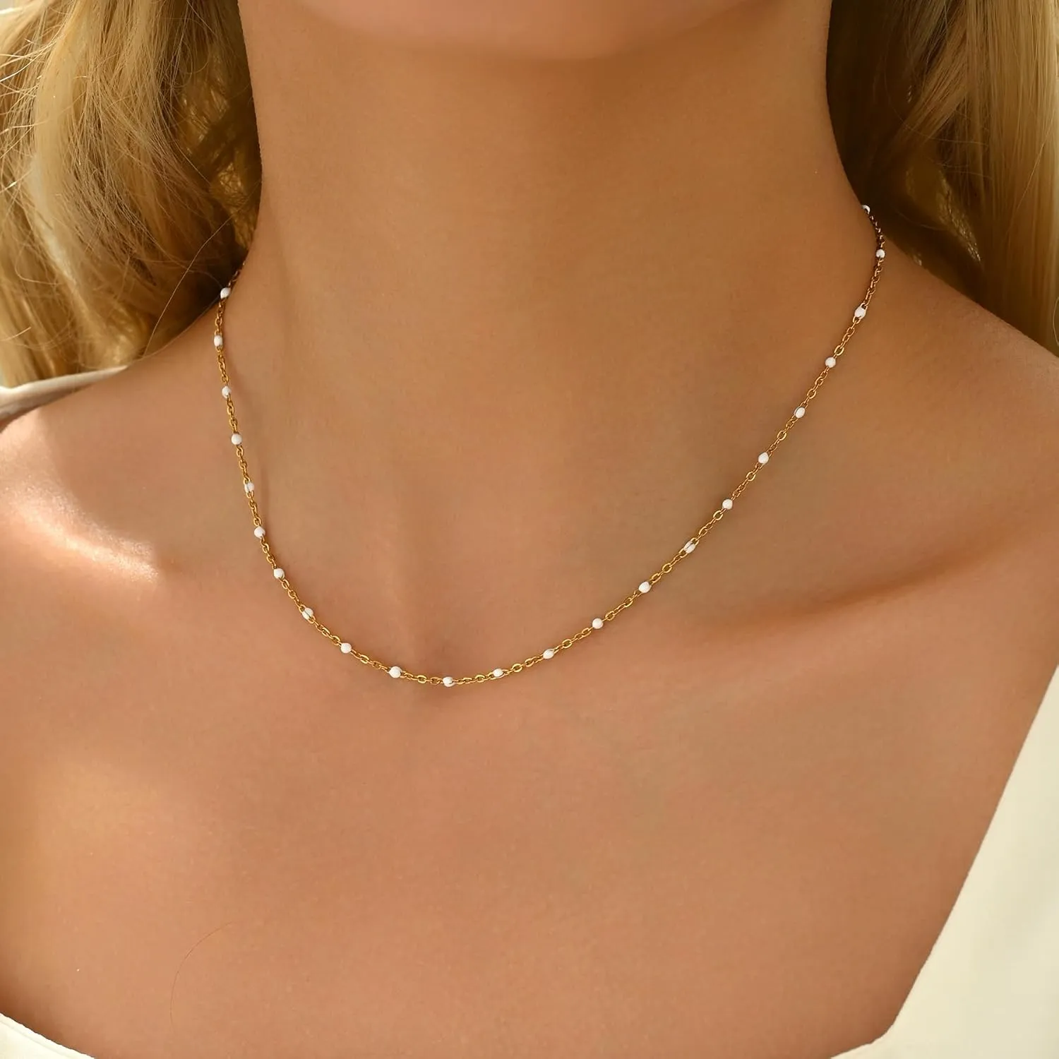 Beaded Necklaces for Women 18K Gold Plated Colorful Green White Beads Choker Necklace Dainty Star Choker Chains Simple Delicate Boho Necklace Jewelry Gift