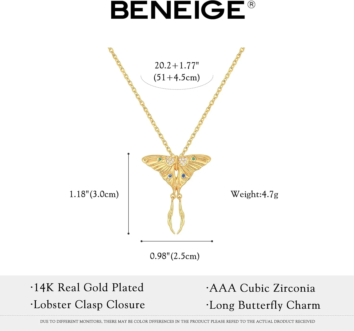 BENEIGE Gold Butterfly Necklace For Women 14K Gold Plated Cubic Zirconia Charm Necklaces Pendant Jewelry Gifts