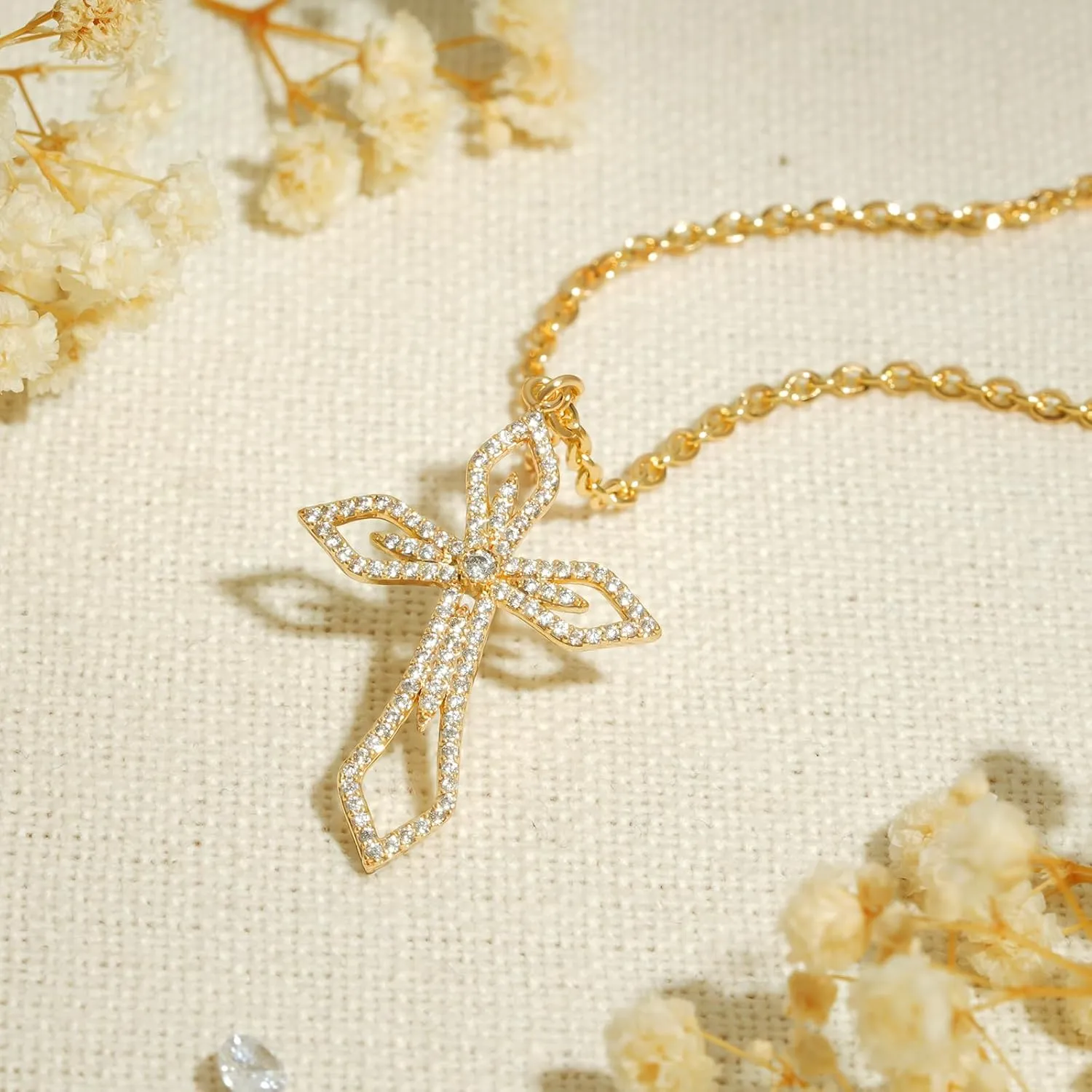BENEIGE Gold Cross Necklace 14K Gold Plated Dainty Simple Cubic Zircon Chain Celtic Cross Pendant Necklace Jewelry for Women Men