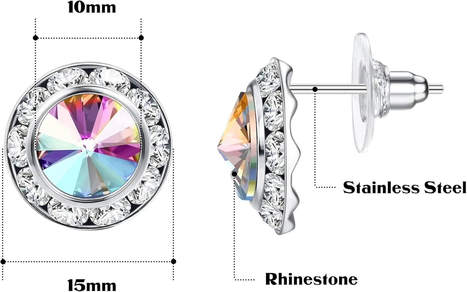 BESTEEL Rhinestone Earrings Round Shaped Acrylic Stone Inside Crystal Halo Stud Earrings for Dance Competitions Stage Opera Performance Wedding Party Earrings Jewelry 15mm