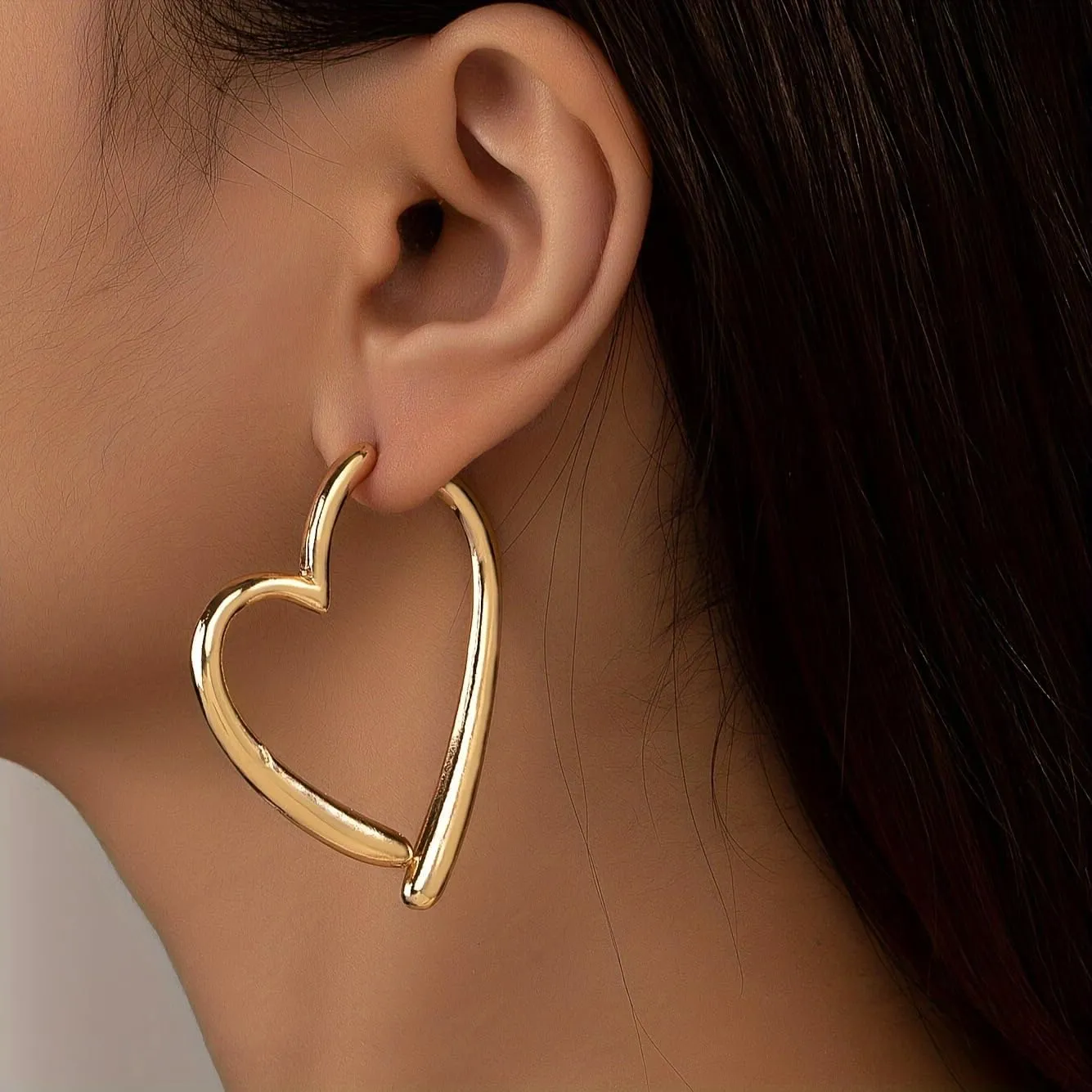 Big Heart Hoop Statement Earrings for Women,14K Gold Large Asymmetrical Love Shaped Drop Dangle Earrings Minimalist Earrings Accessories Gifts