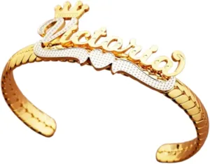 BlingSparkle Name Bracelet Personalized for Women Charm Bracelet 18K Gold Plated Cuff Bracelets with Heart Custom Nameplate with Any Words Jewelry Gift for Teen Girls