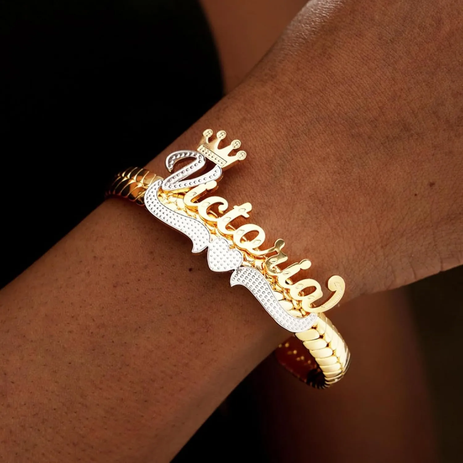 BlingSparkle Name Bracelet Personalized for Women Charm Bracelet 18K Gold Plated Cuff Bracelets with Heart Custom Nameplate with Any Words Jewelry Gift for Teen Girls