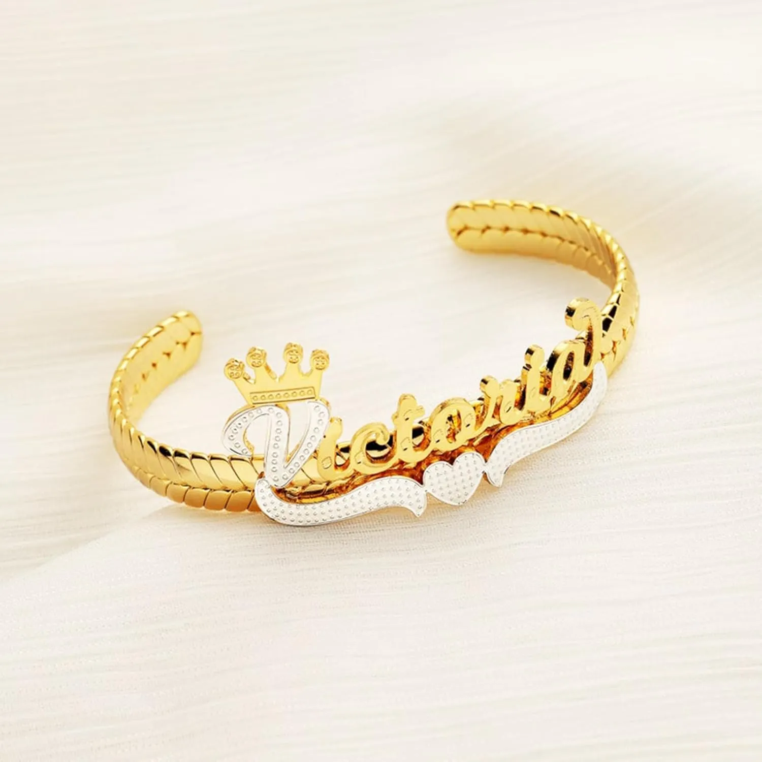 BlingSparkle Name Bracelet Personalized for Women Charm Bracelet 18K Gold Plated Cuff Bracelets with Heart Custom Nameplate with Any Words Jewelry Gift for Teen Girls