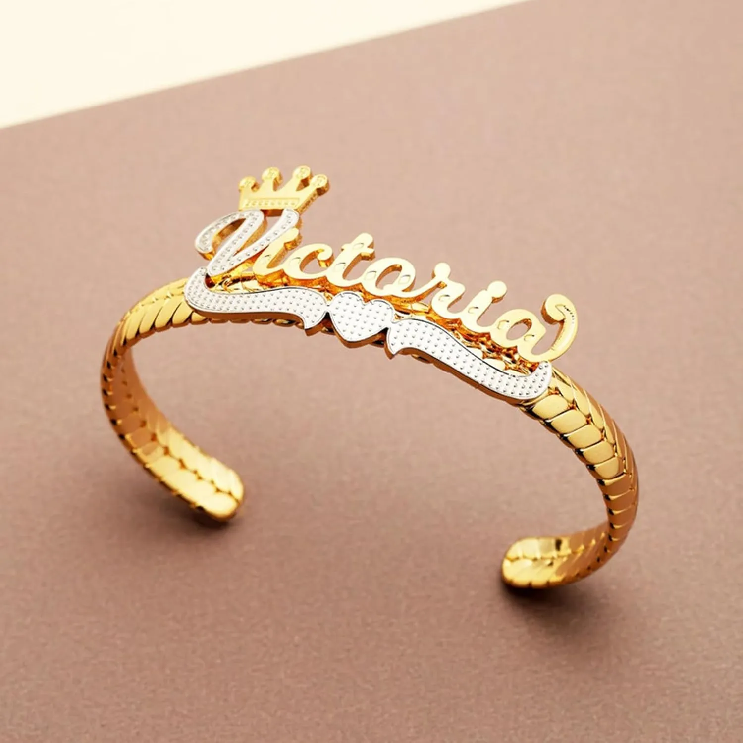 BlingSparkle Name Bracelet Personalized for Women Charm Bracelet 18K Gold Plated Cuff Bracelets with Heart Custom Nameplate with Any Words Jewelry Gift for Teen Girls