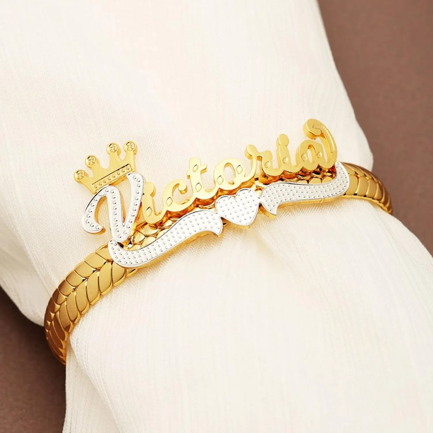 BlingSparkle Name Bracelet Personalized for Women Charm Bracelet 18K Gold Plated Cuff Bracelets with Heart Custom Nameplate with Any Words Jewelry Gift for Teen Girls