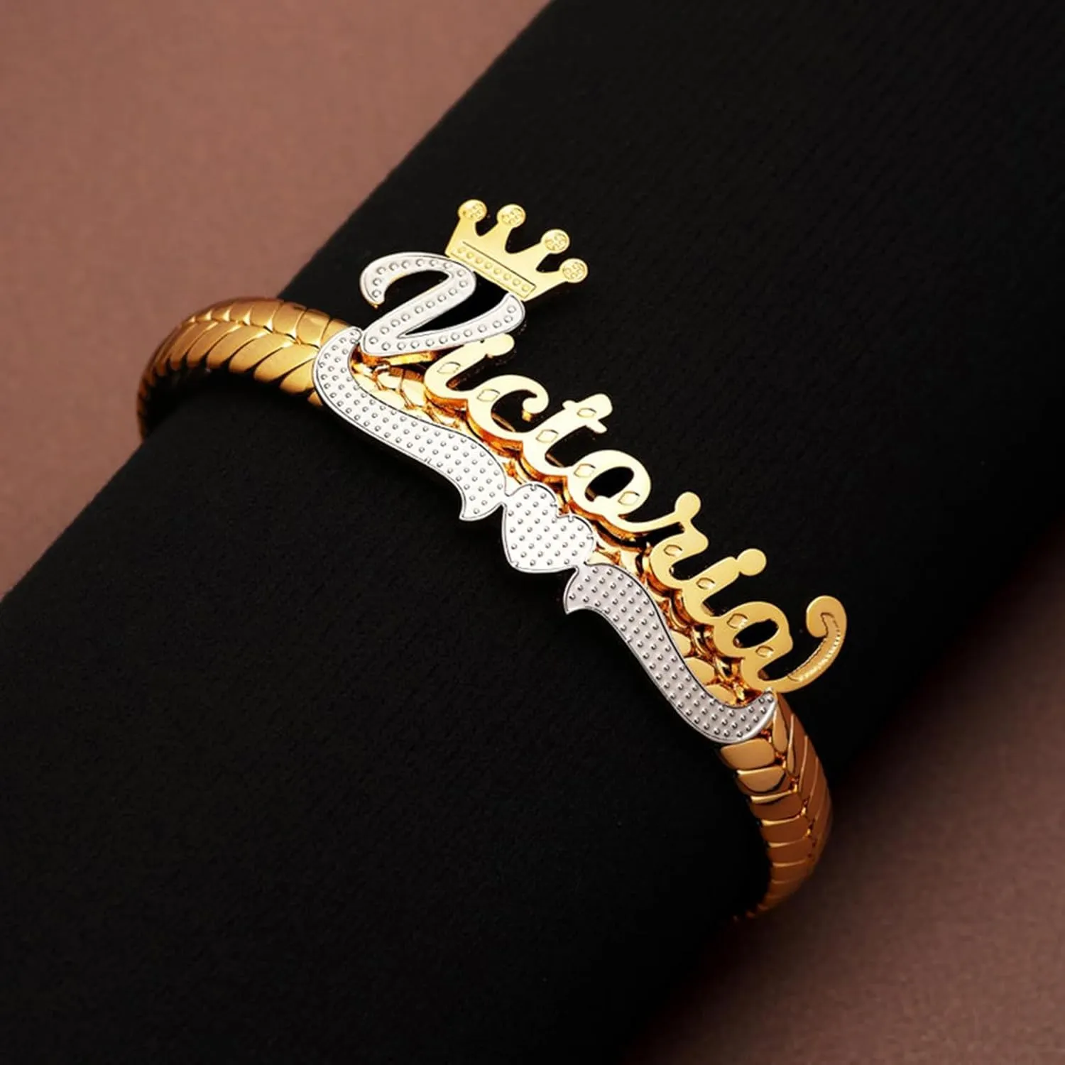 BlingSparkle Name Bracelet Personalized for Women Charm Bracelet 18K Gold Plated Cuff Bracelets with Heart Custom Nameplate with Any Words Jewelry Gift for Teen Girls