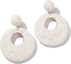 Boho Raffia Statement Circle Earrings - Cute Round Dangle Summer Handmade Rattan Jewelry for Women - Lightweight
