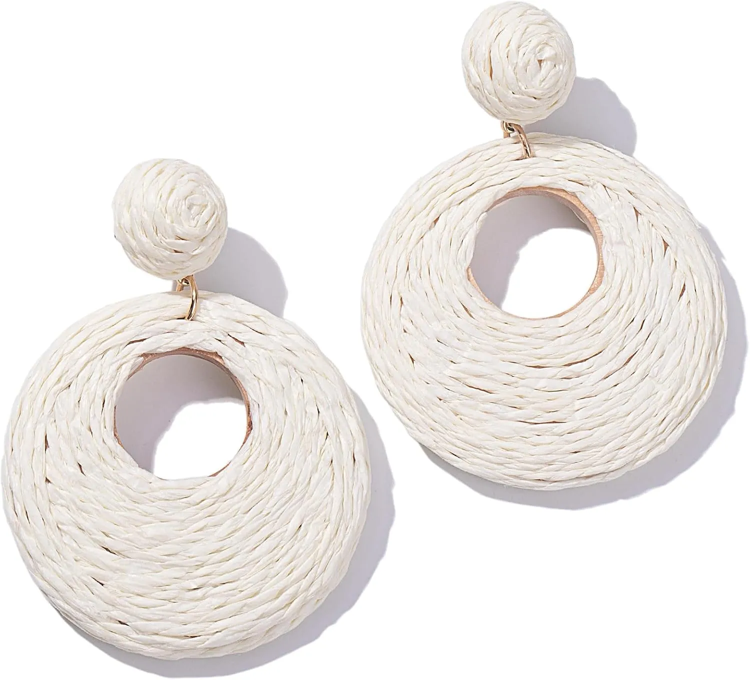 Boho Raffia Statement Circle Earrings - Cute Round Dangle Summer Handmade Rattan Jewelry for Women - Lightweight