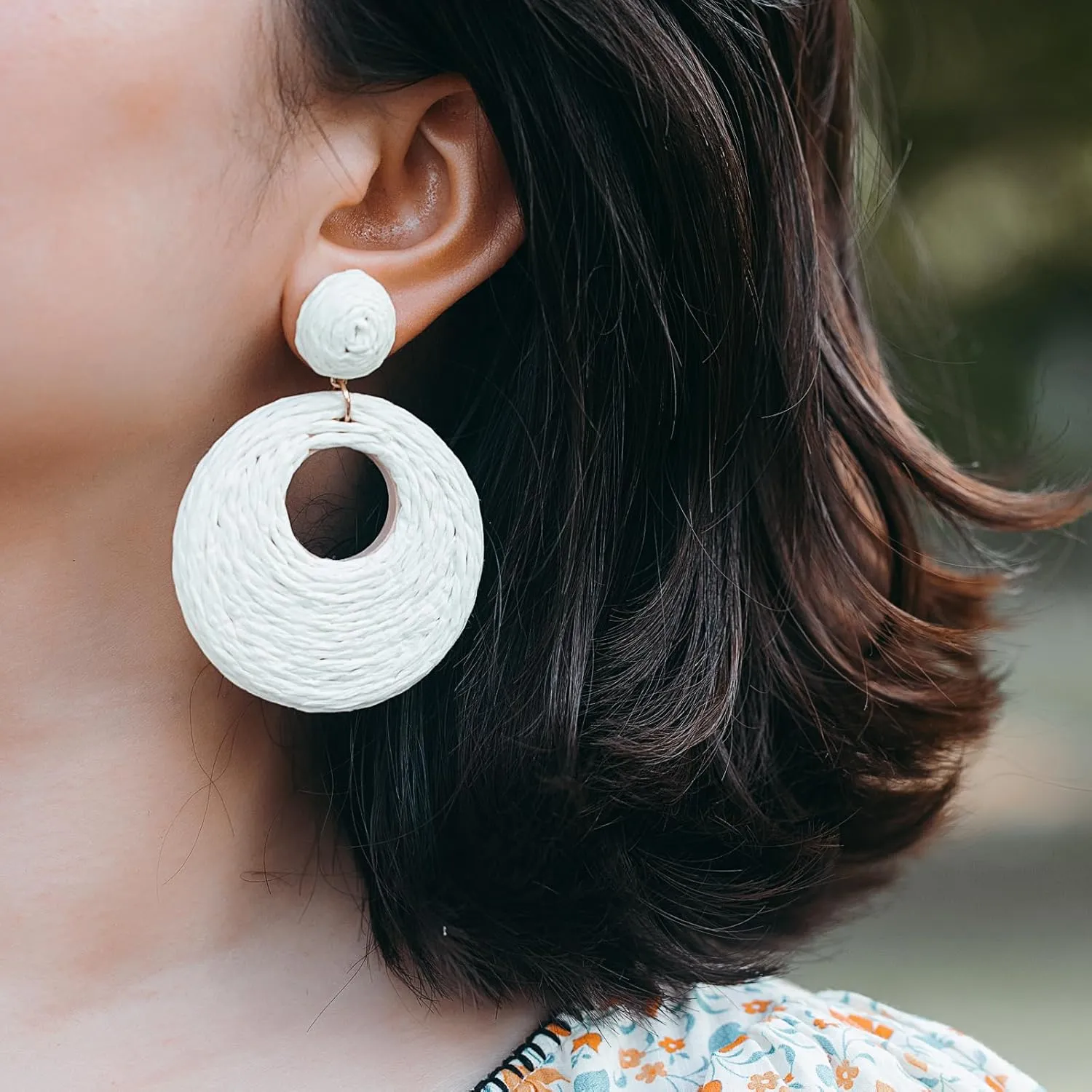 Boho Raffia Statement Circle Earrings - Cute Round Dangle Summer Handmade Rattan Jewelry for Women - Lightweight