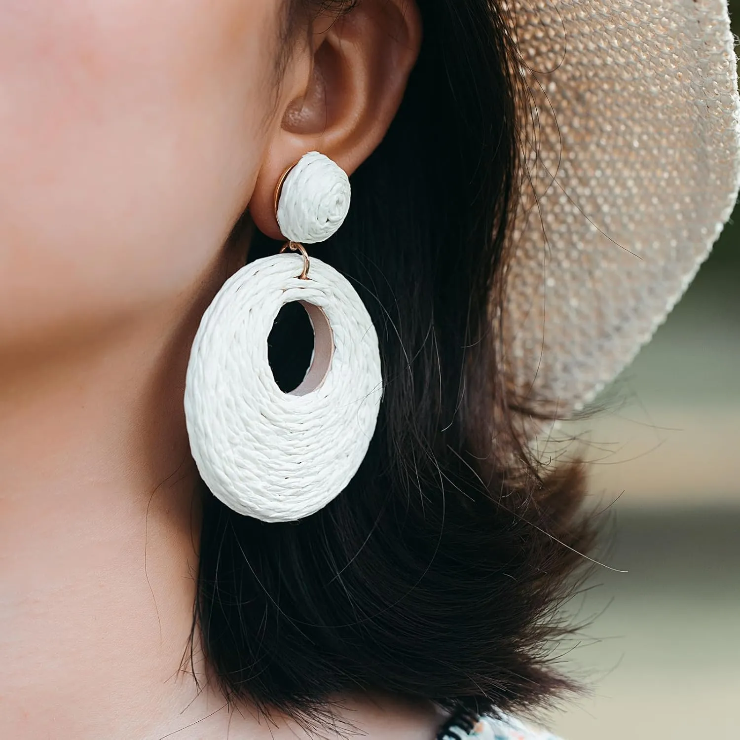 Boho Raffia Statement Circle Earrings - Cute Round Dangle Summer Handmade Rattan Jewelry for Women - Lightweight