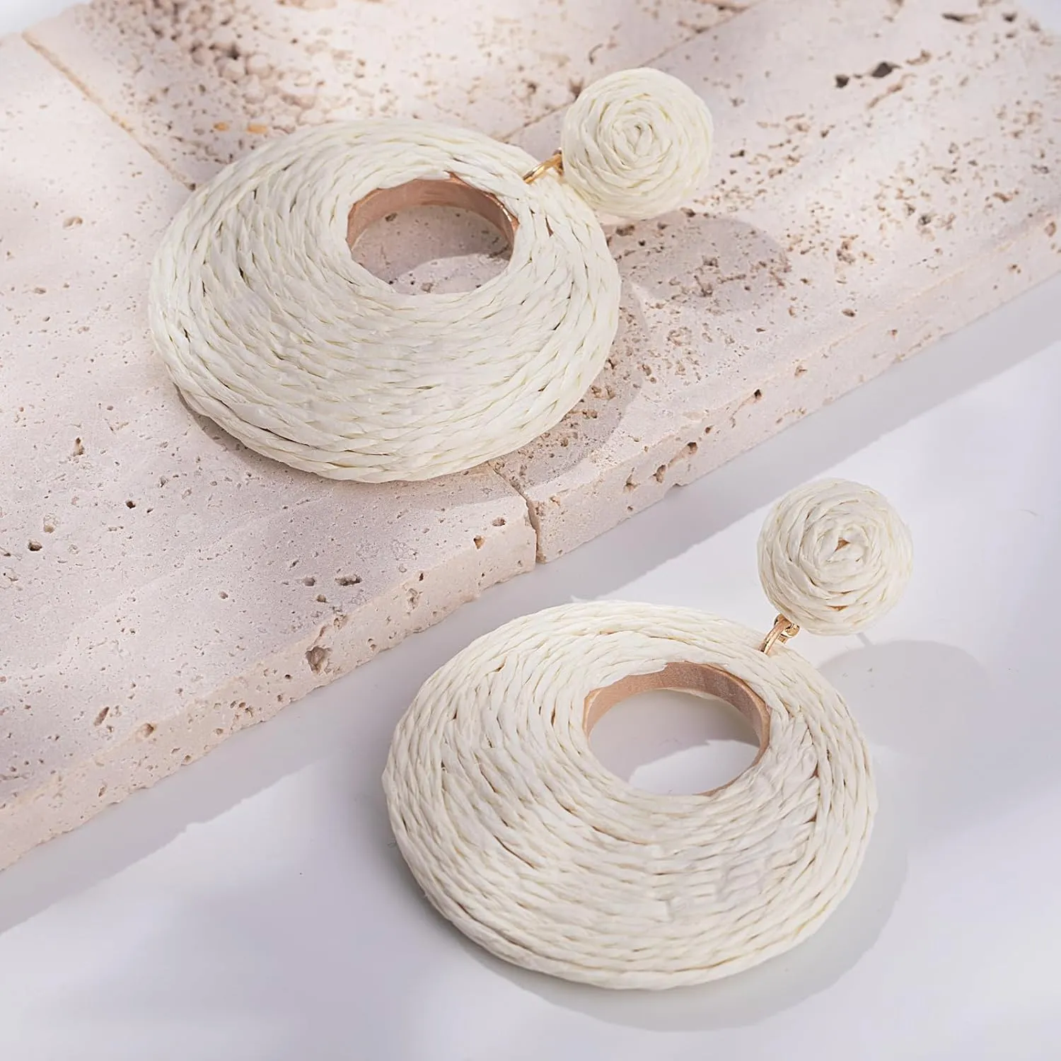 Boho Raffia Statement Circle Earrings - Cute Round Dangle Summer Handmade Rattan Jewelry for Women - Lightweight