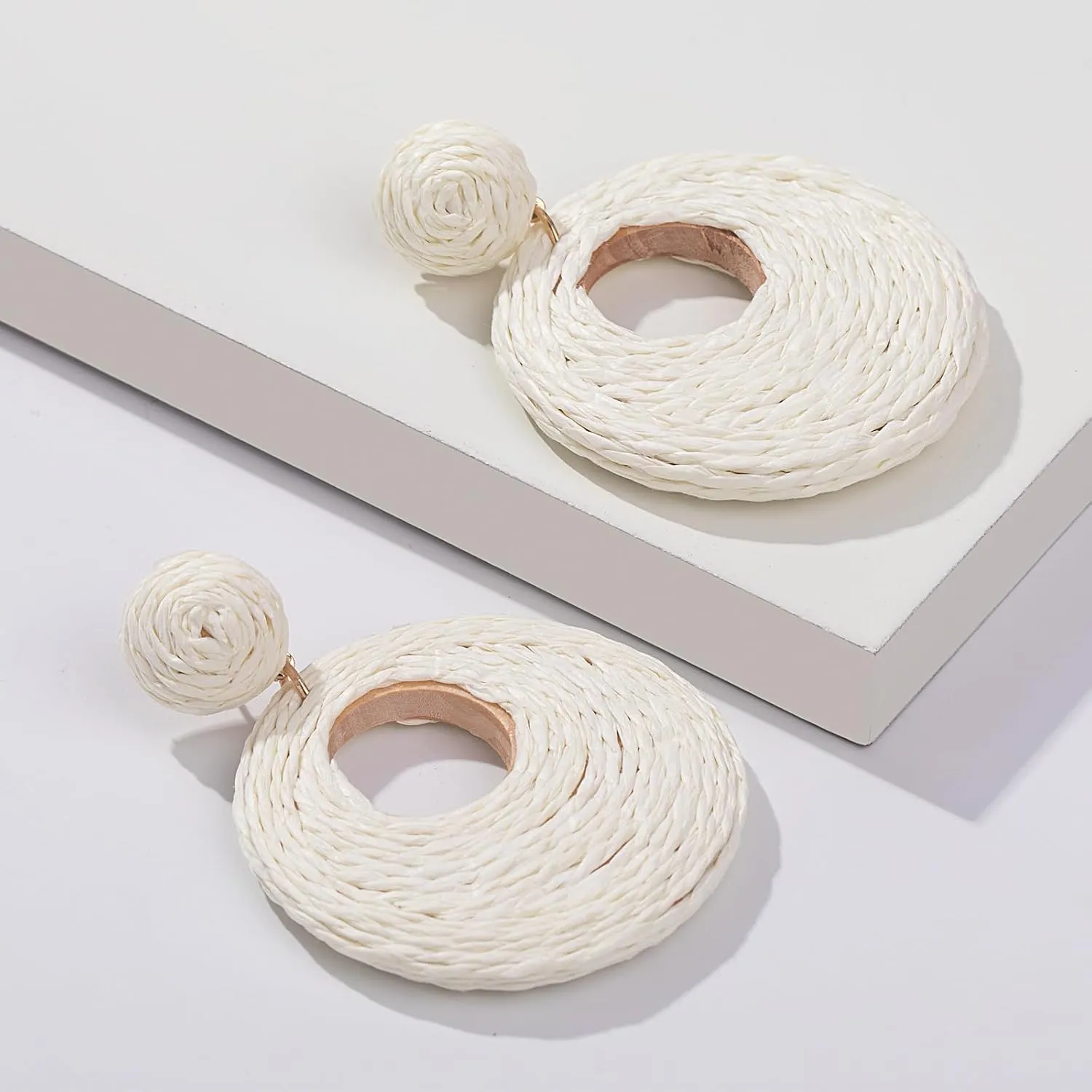 Boho Raffia Statement Circle Earrings - Cute Round Dangle Summer Handmade Rattan Jewelry for Women - Lightweight