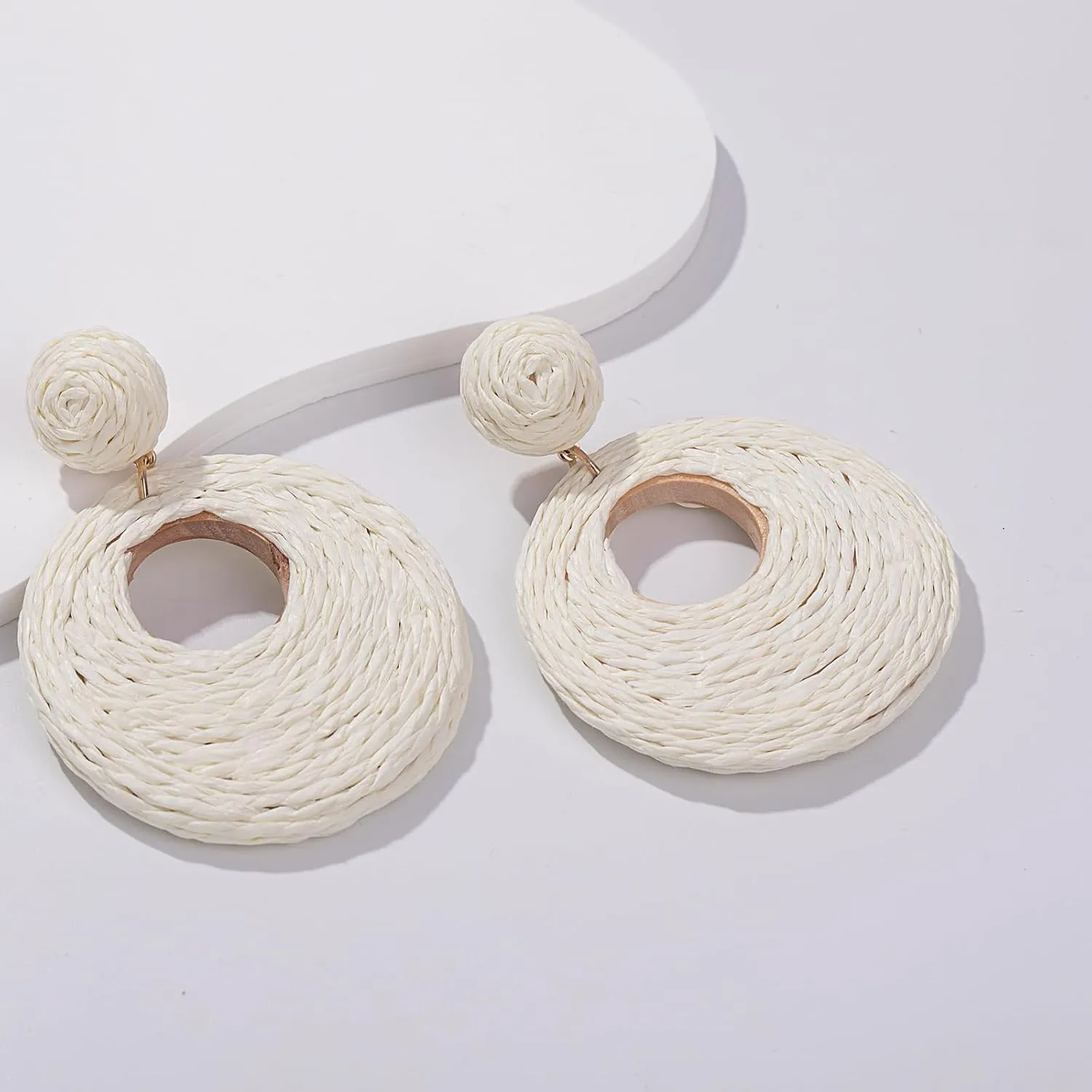 Boho Raffia Statement Circle Earrings - Cute Round Dangle Summer Handmade Rattan Jewelry for Women - Lightweight