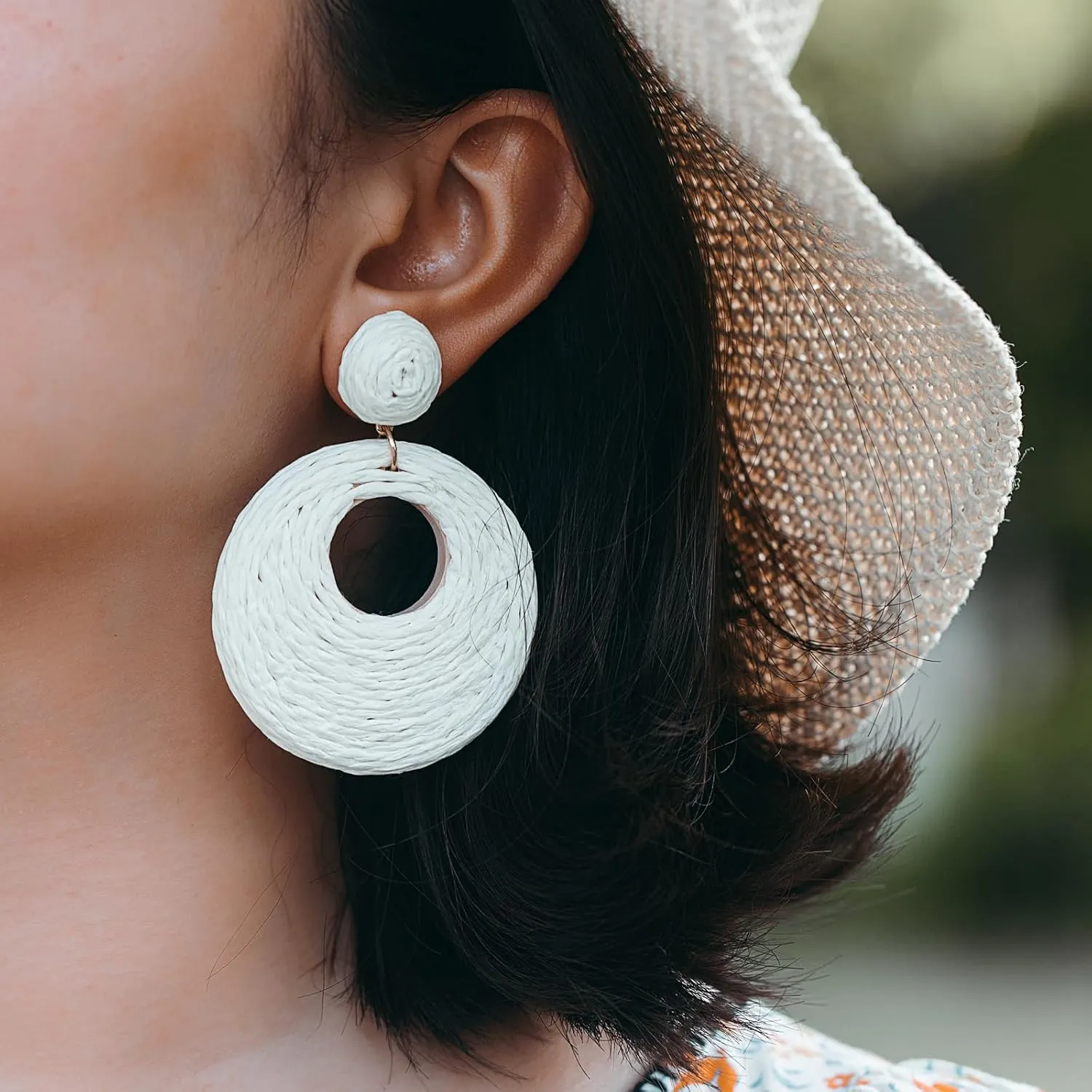 Boho Raffia Statement Circle Earrings - Cute Round Dangle Summer Handmade Rattan Jewelry for Women - Lightweight