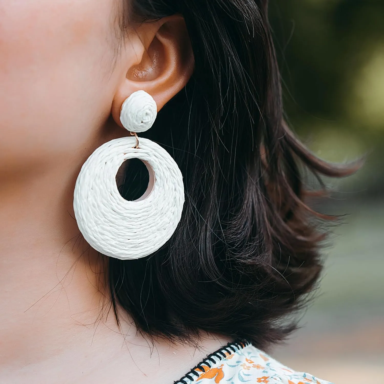 Boho Raffia Statement Circle Earrings - Cute Round Dangle Summer Handmade Rattan Jewelry for Women - Lightweight