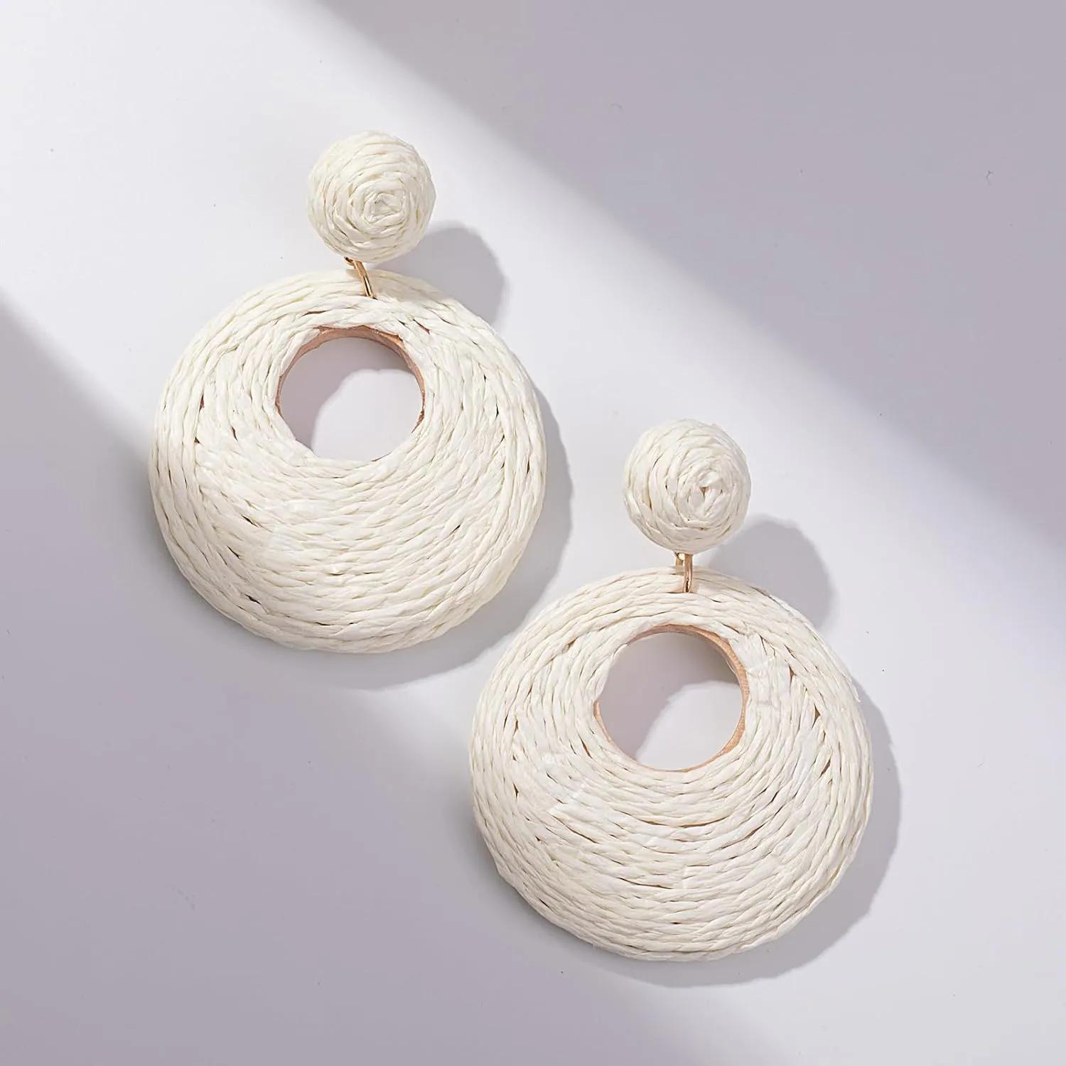 Boho Raffia Statement Circle Earrings - Cute Round Dangle Summer Handmade Rattan Jewelry for Women - Lightweight