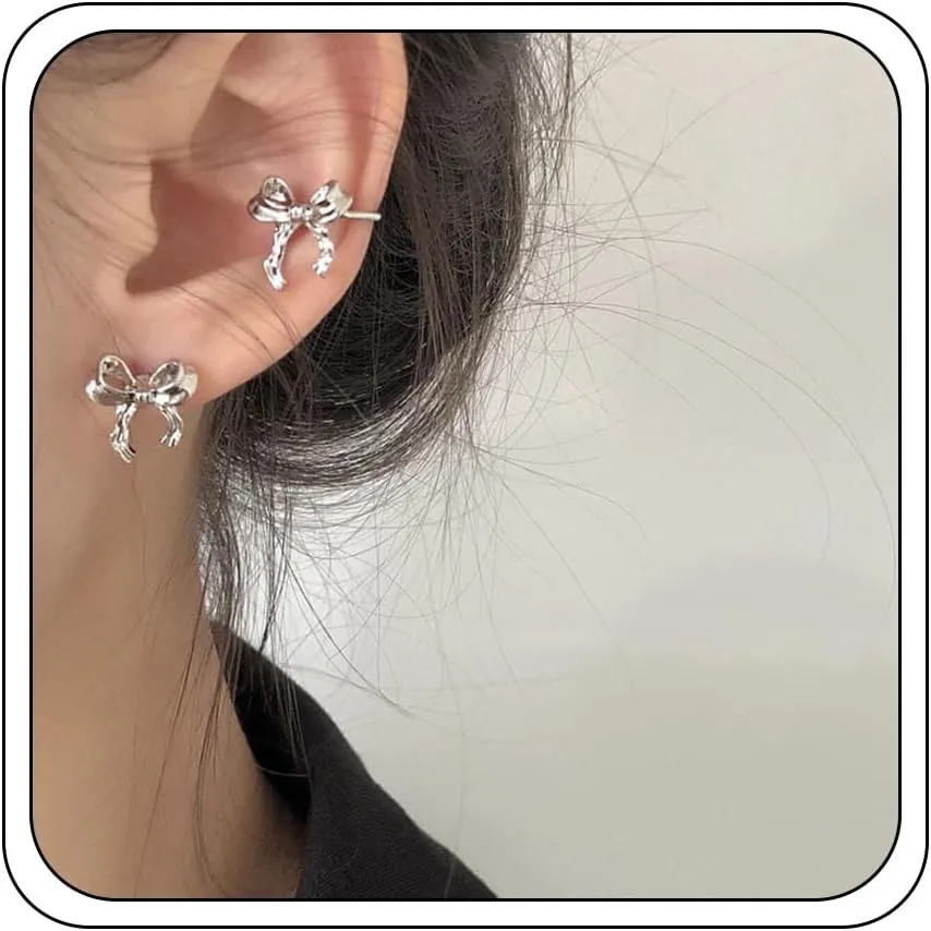 Bow Earrings for Woman, Christmas Dainty Gold/Silver Classic Ribbon Bow Drop Stud Earrings Statement Hypoallergenic Vintage Present Jewelry Gifts