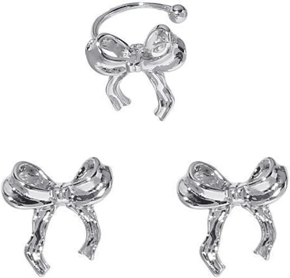 Bow Earrings for Woman, Christmas Dainty Gold/Silver Classic Ribbon Bow Drop Stud Earrings Statement Hypoallergenic Vintage Present Jewelry Gifts
