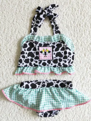 Brother/sister swimwear match cow with ruffles